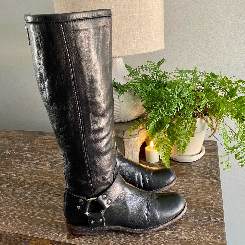 FRYE Phillip Harness Tall Knee High Wide Calf Boots Shoe Black Leather Womens 6B